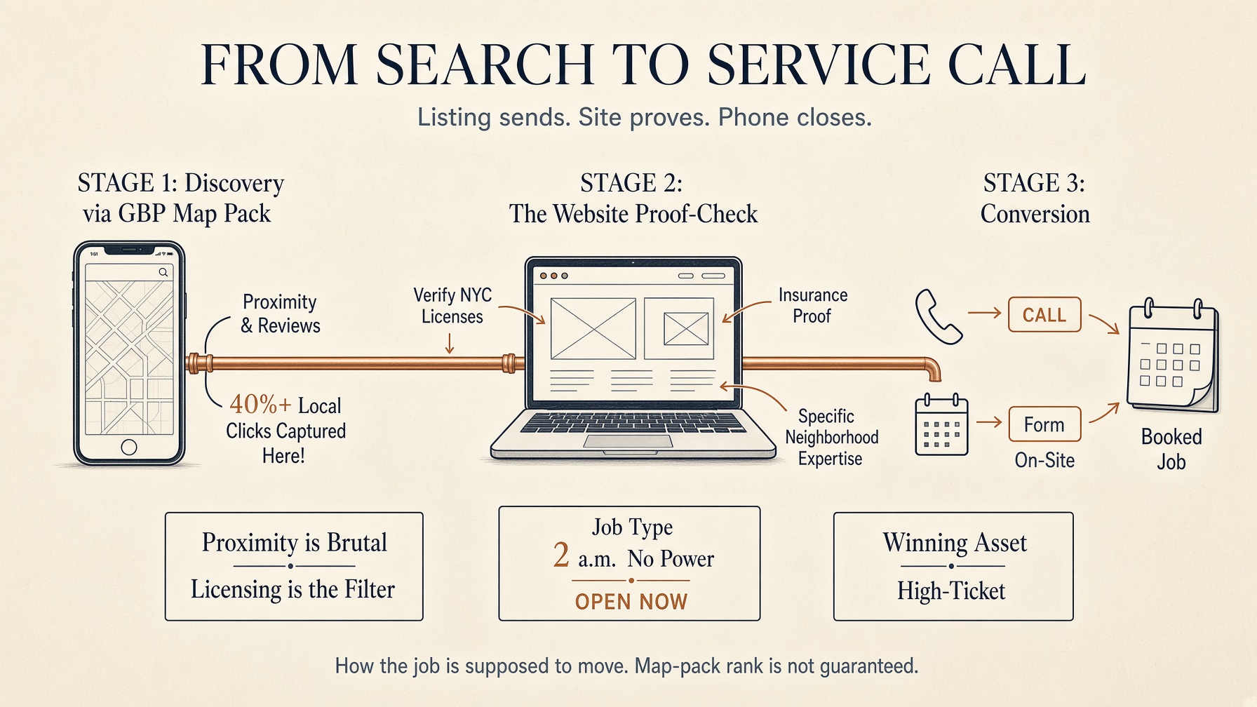 From search to service call: listing sends, site proves, phone closes.